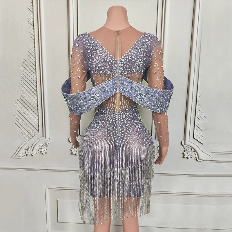 Vestido de fiesta brillante con diamantes de imitación para mujer, vestido de cantante con flecos, disfraz de Jazz, traje de Festival, Bar, Dj, Ds, ropa para discoteca