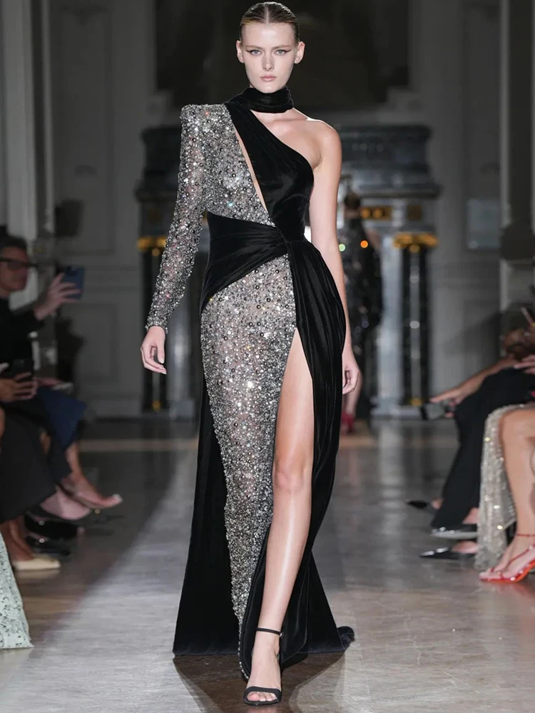 مثير كتف واحد كم طويل سبليت الترتر المرقعة تصميم فستان طويل الرسن الرقبة ثنيات ماكسي فساتين الحفلات المسائية #5