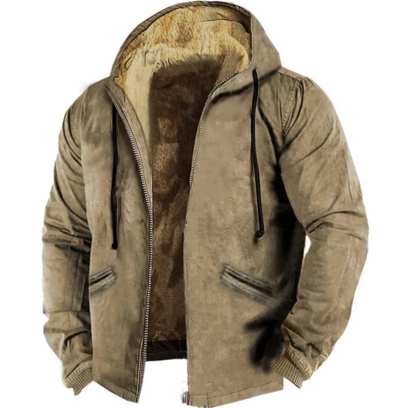 Trendy Fleece-lined Thicken Cotton Clothes Coat Brown Double-Layer Lining3DDigital Printing Zipped Cotton-Padded Jacket