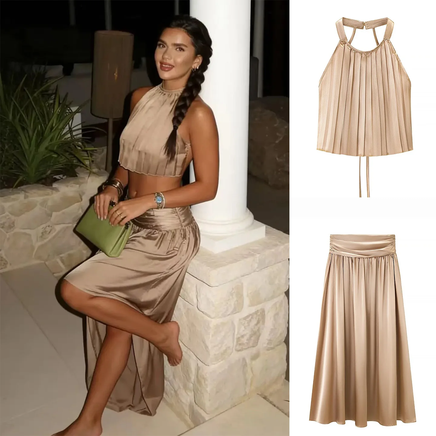 

Spring New Arrival Women's A-Line Skirt Set with Bow-Tie Neckline Short Strap High Waist Fashionable Two-Piece Ensemble