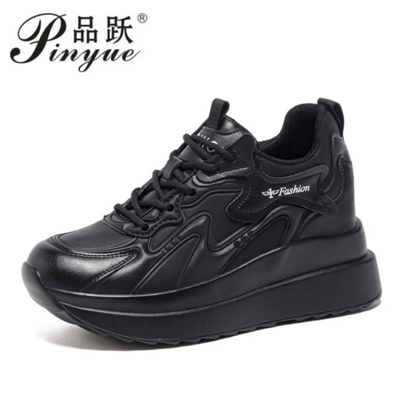

8cm women Microfiber Vulcanize Chunky Sneaker Lace Up Shoes Fashion Synthetic Leather Flats Platform Wedge Women Ladies 34-40