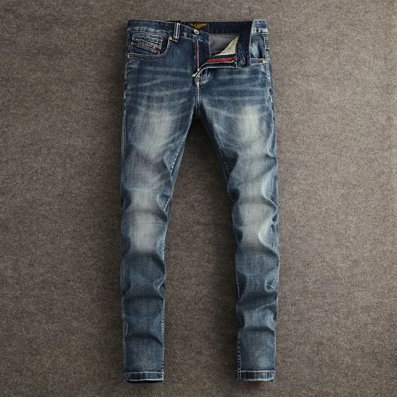 Designer Fashion Men Jeans High Quality Retro Washed Blue Stretch Slim Fit Painted Ripped Jeans Men Y2K Vintage Denim Pants