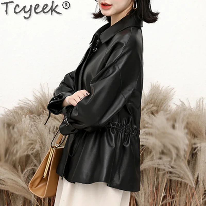 Tcyeek เสื้อแจ็คเก็ตหนังแท้ Sheepskin รถจักรยานยนต์หนังผู้หญิงฤดูใบไม้ผลิฤดูใบไม้ร่วงสีดำสั้นอินเทรนด์เสื้อโค้ท Jaqueta Feminina