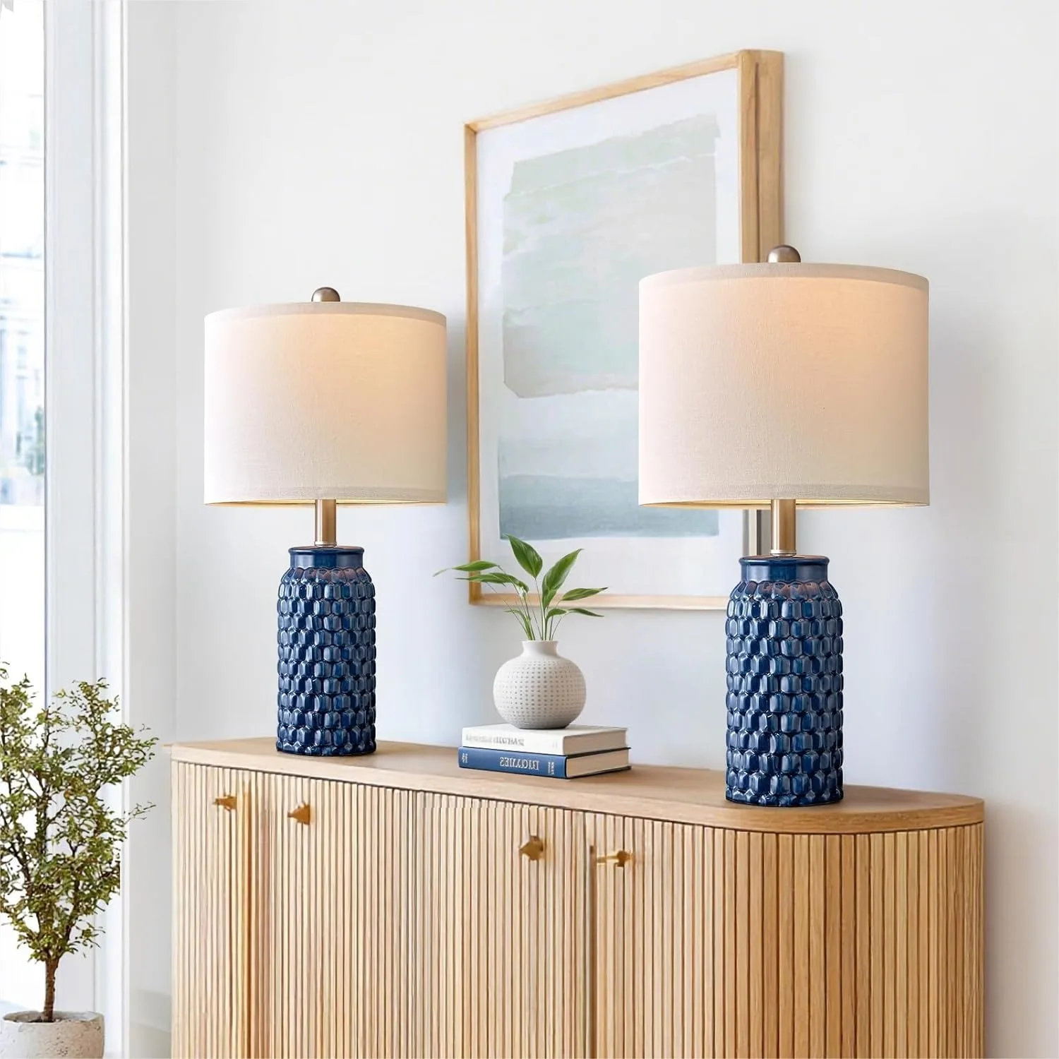 20.5" Ceramic Bedside Lamps Set of 2, Blue Modern Farmhouse Table Lamps with 3D Honeycomb Design, 5FT Cord for Nightstand Living