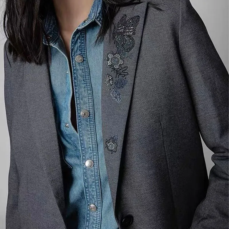 Zadig Butterfly Suit Female Causal Grey Blazer Women Fashion Diamonds Lapel Suits Chic Elegant Blazers Pocket Button Coat Tops