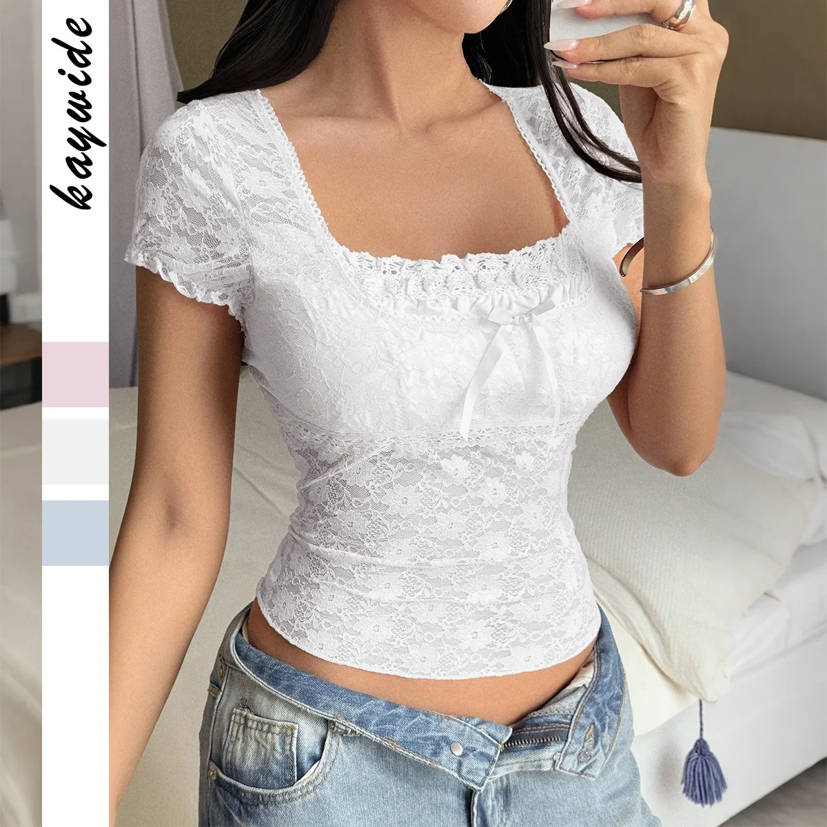 

Sexy Lace irt ort Sve Square Collar Independent Station Women's Faion Cross-Border Summer 2025 Top Women's Wear