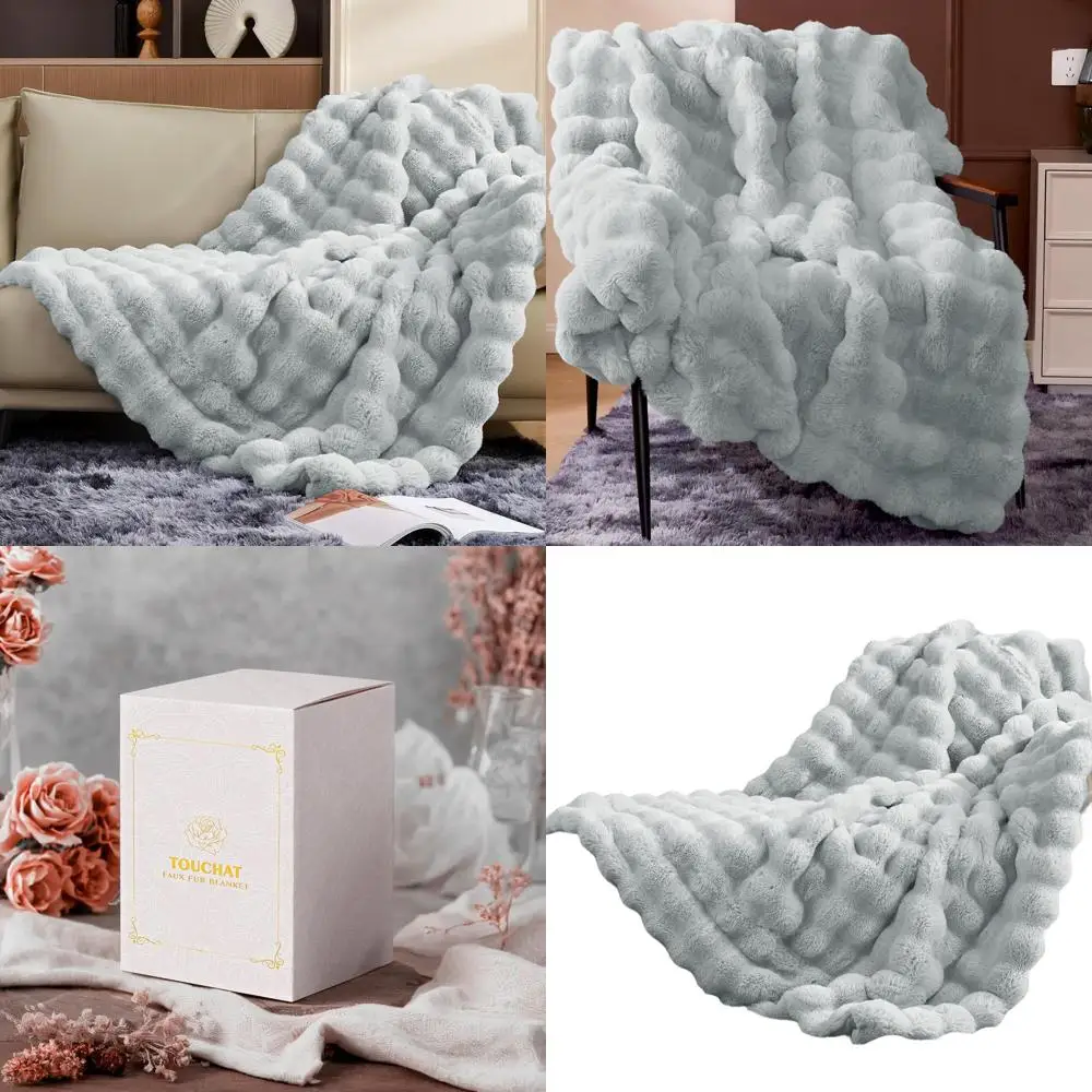 

Ultra-Soft 1000GSM Faux Rabbit Fur Blanket, Luxurious Grey Cozy Cover for Couch, Bed, and Sofa, Reversible Plush Mink-Style Thro