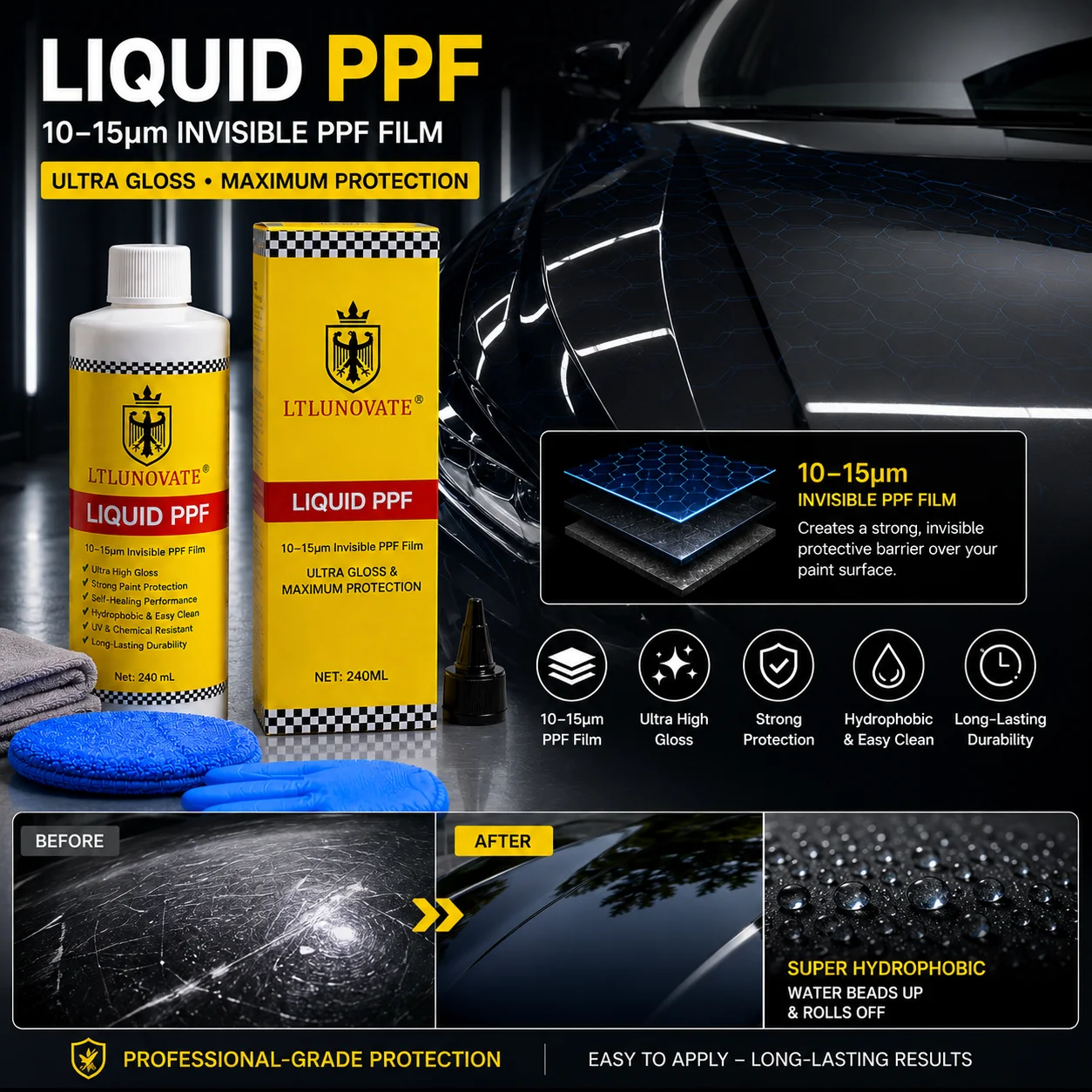 LTLUNOVATE Liquid PPF 250ml, 10–15μm Invisible Clear Coating, High Gloss Hydrophobic Automotive Paint Protection Film
