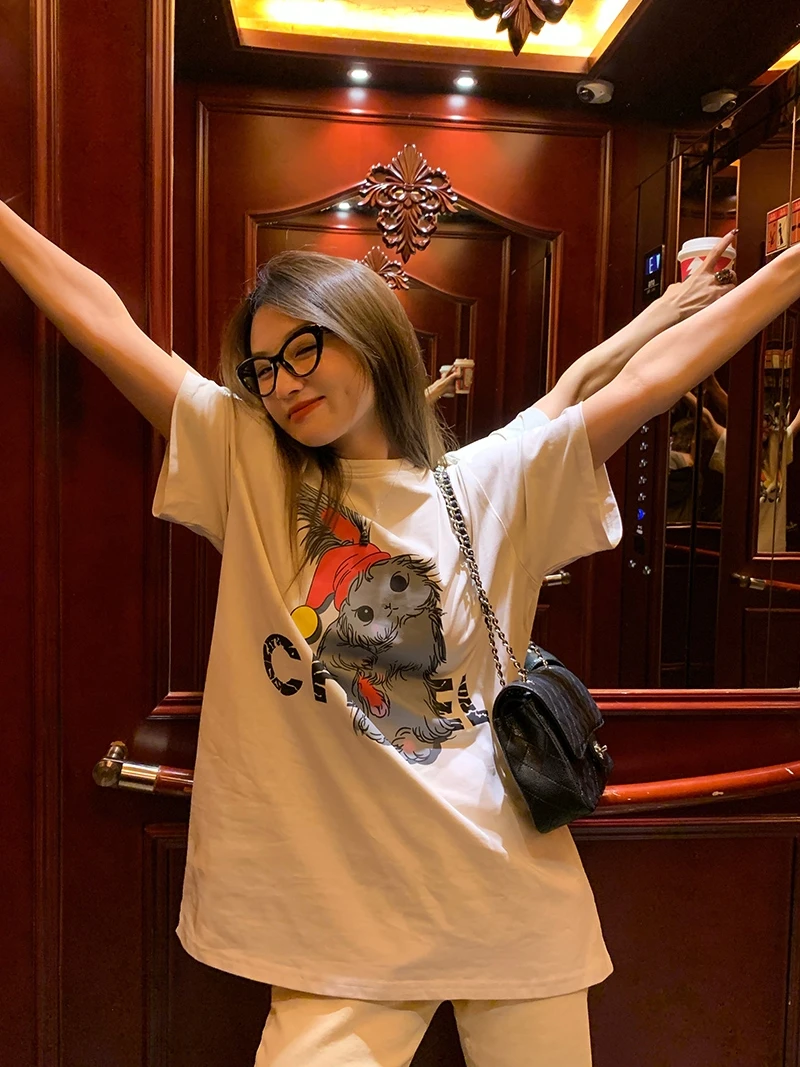 

Cherry Blossom ort Sve T-irt Women's Loose Printed Top Korean Sle round Ne Spring Summer New Design Casual Cotton