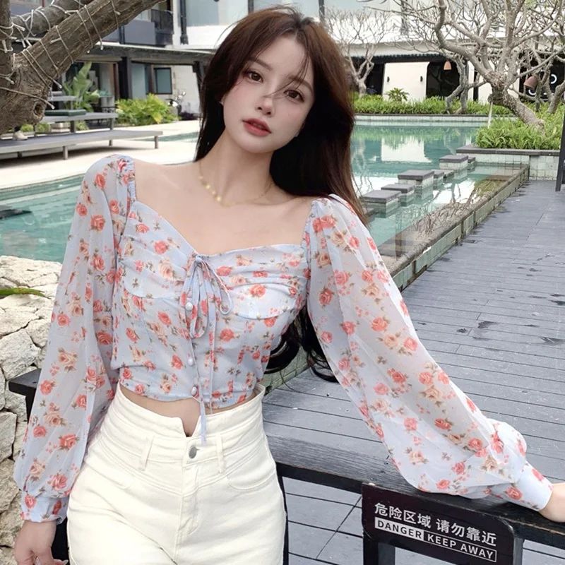 Korea Style Floral Off Shoulder Sweet Chiffon Blouse Slim Sexy Puff Long-Sleeved Summer Crop Top