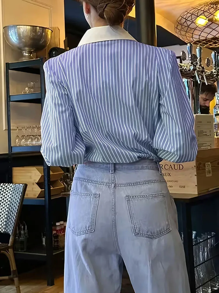 New Plus Size Contrast Collar Cuff Blue-White Striped Long-Sleeve Shirts Big Size Elegant Women's Blouses Deals Large Size Tops