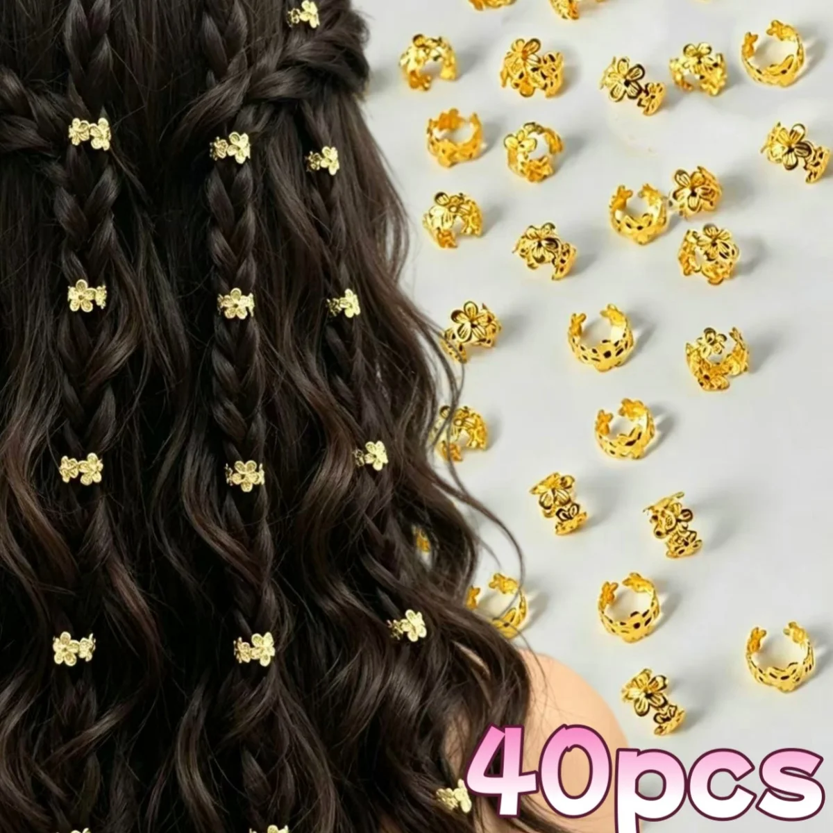 40 Piezas de Brazaletes para el Cabello con Flores Doradas y Plateadas, Cuentas Huecas para Rastas, Accesorios para el Cabello Estilo Boho Y2K para Mujer