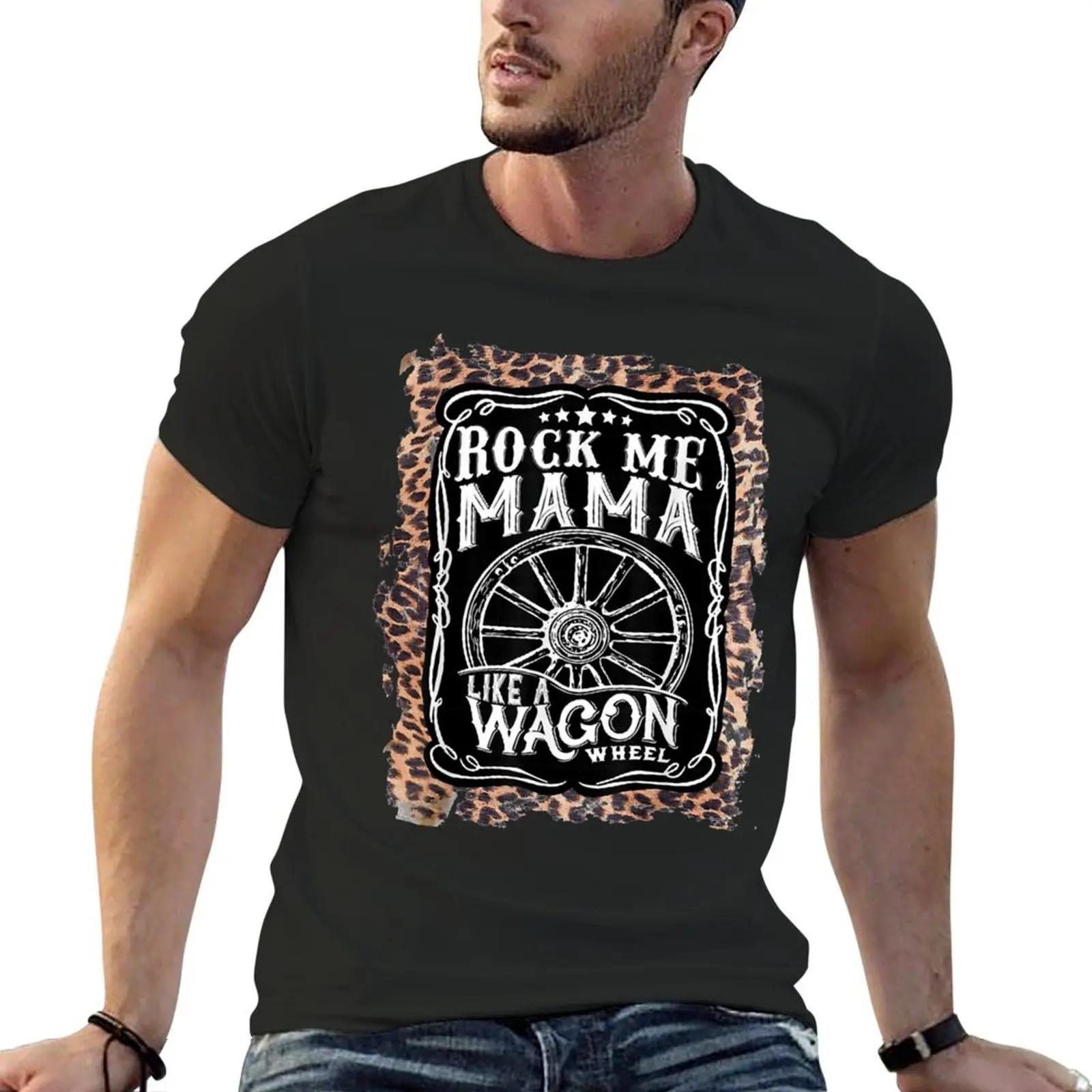 

Rock me Mama like a wagon wheel Country Music leopard T-Shirt oversizeds essential t shirt shirts men graphic