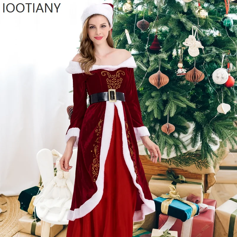 ชุดคอสเพลย์ซานตาคลอสสำหรับผู้หญิง ชุดเดรสสีแดงเซ็กซี่สำหรับงานปาร์ตี้คริสต์มาส ปีใหม่ และการแสดงบนเวที ปี 2025