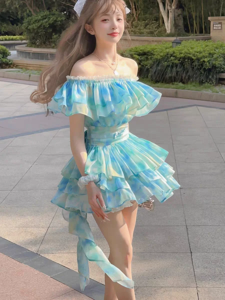 Princess sweet lolita bobon21 Deep Sea Summer Flower Sailor Moon bow sparkle Off Shoulder flounce dress D2247