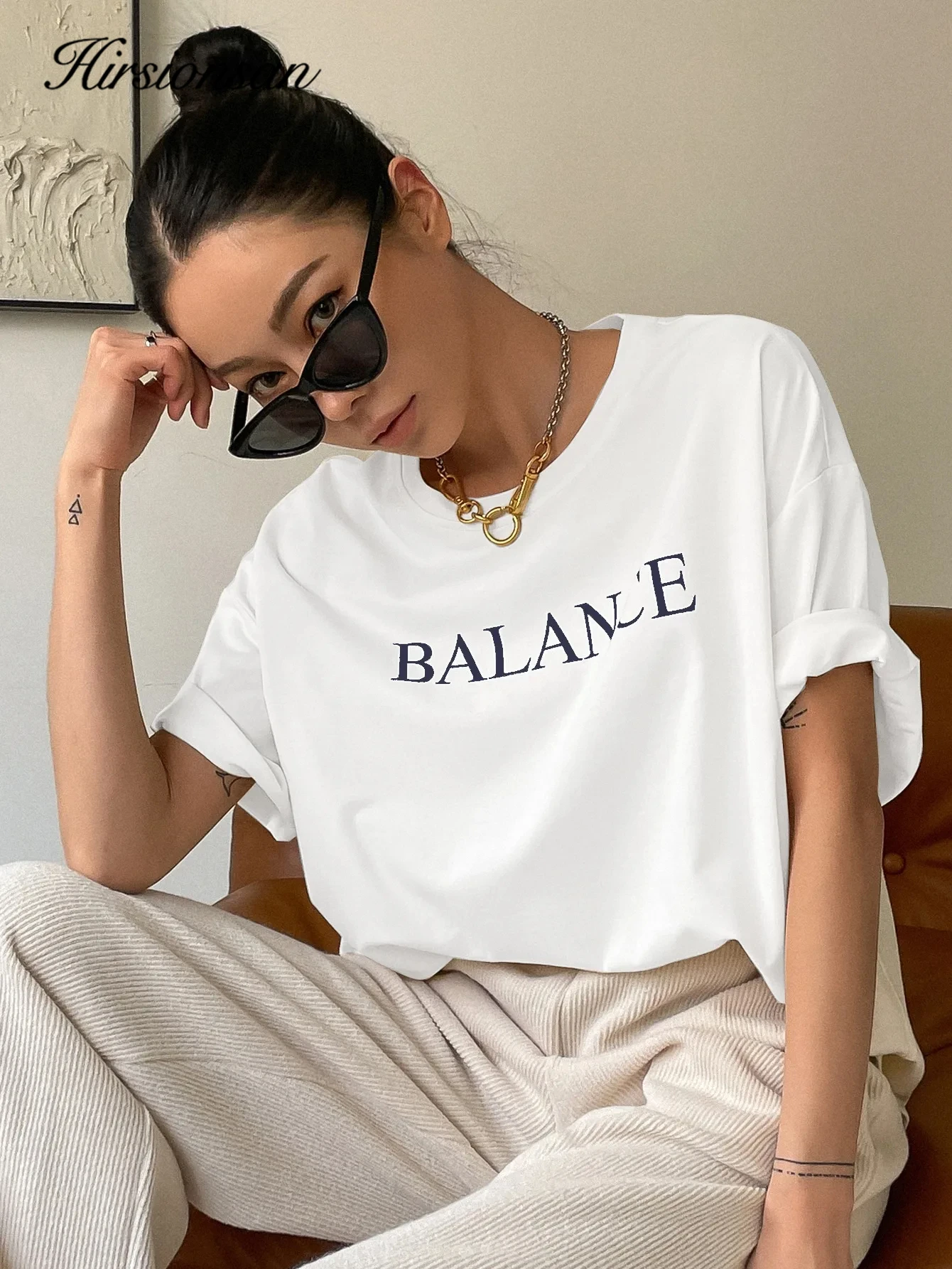 Hirsionsan Balance Letter Printed T-Shirt Women Soft Casual Loose Short Sleeve Summer Cotton Breathable Tshirt Holiday Y2k Tee