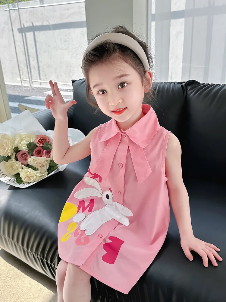 kids\' clothing girl shirt collar cotton Dress with  Embroidery rabbit patch Toddler  Girl Dress letter print pattern