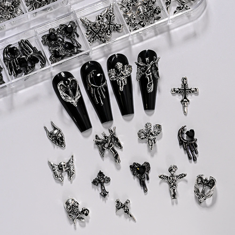 20 pçs gótico escuro punk anjo cruz arte do prego encantos prata preto liga diabo cruz coração asa decorações de unhas manicure accessor