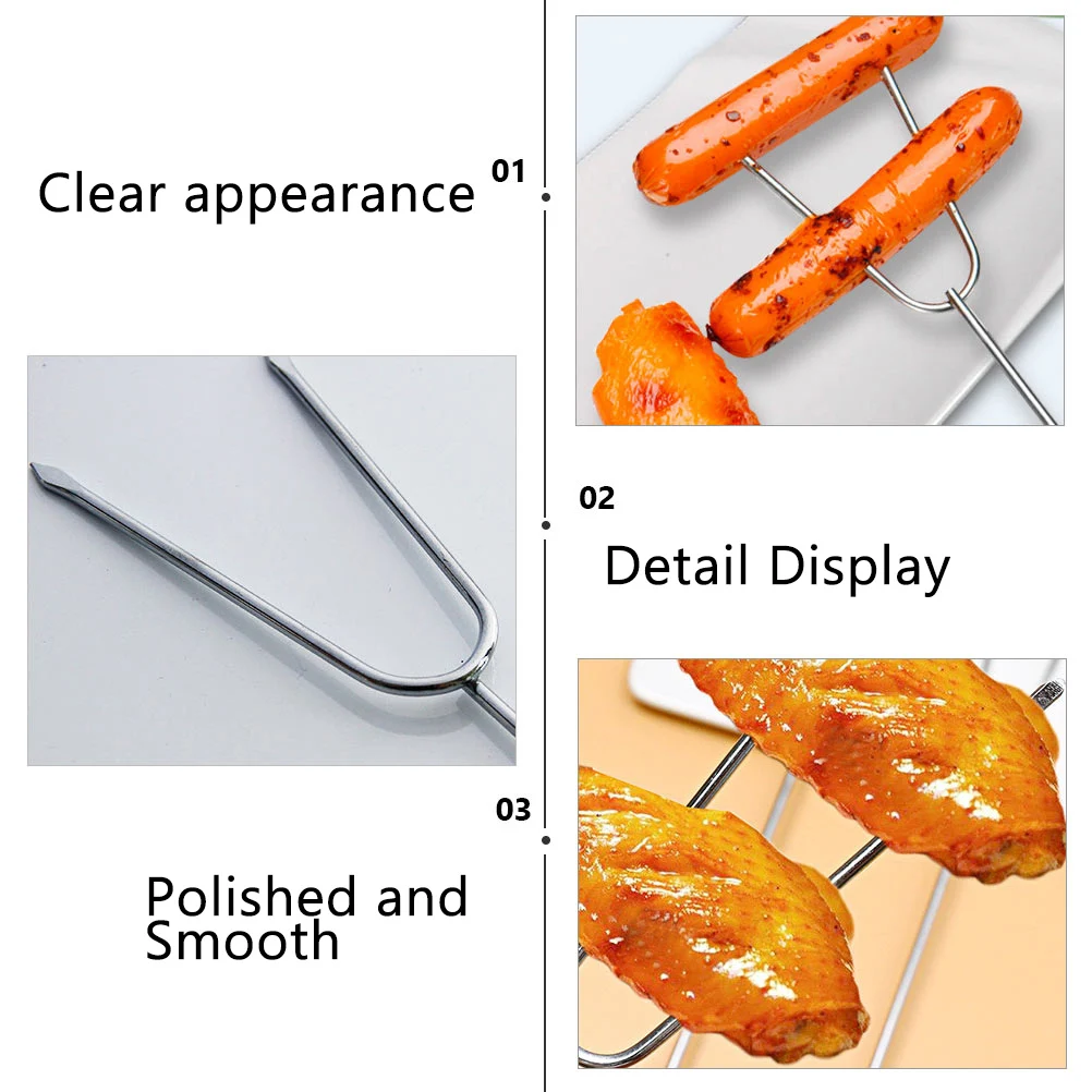 

6 Pcs Stainless Steel BBQ Forks U shaped Roasting Sausages Skewers Wood H Mirror polished Durable Safe Outdoor Kitchen