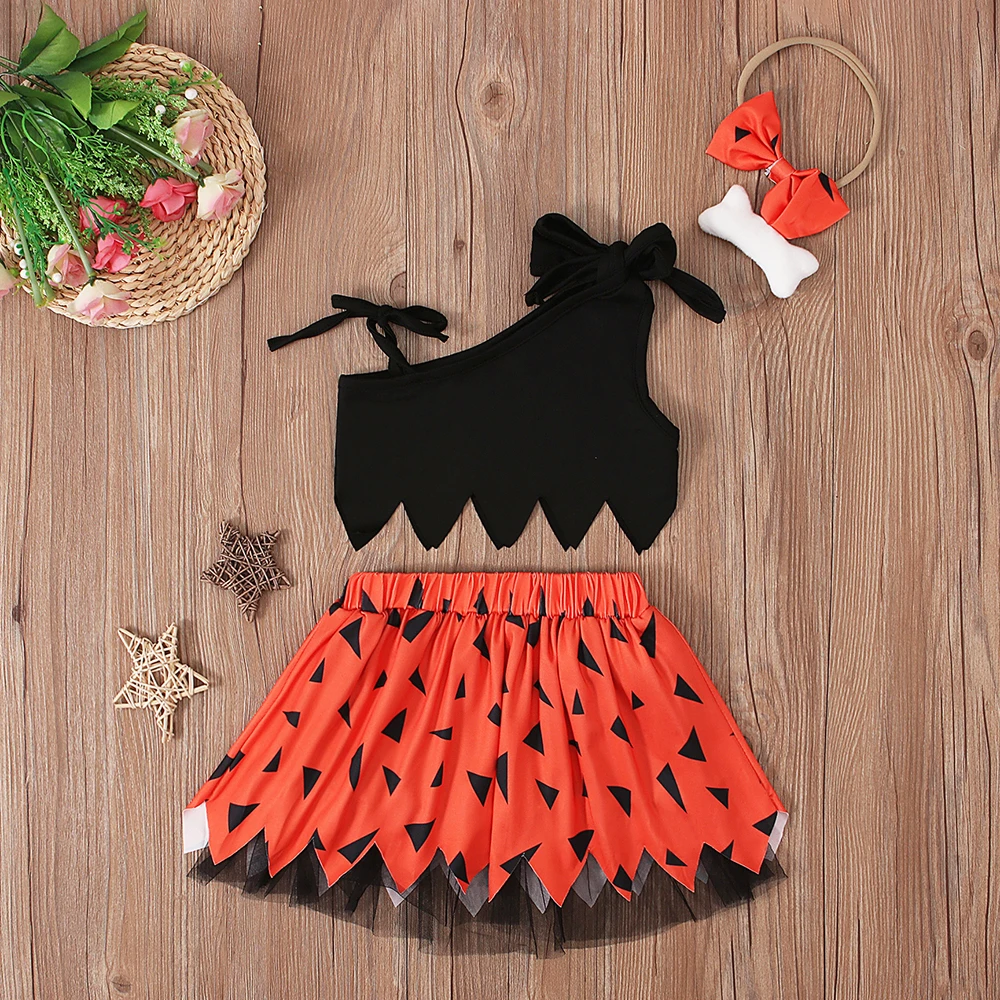 Girls European and American summer Halloween sleeveless solid color off-shoulder top + mesh skirt + hairband three-piece childre