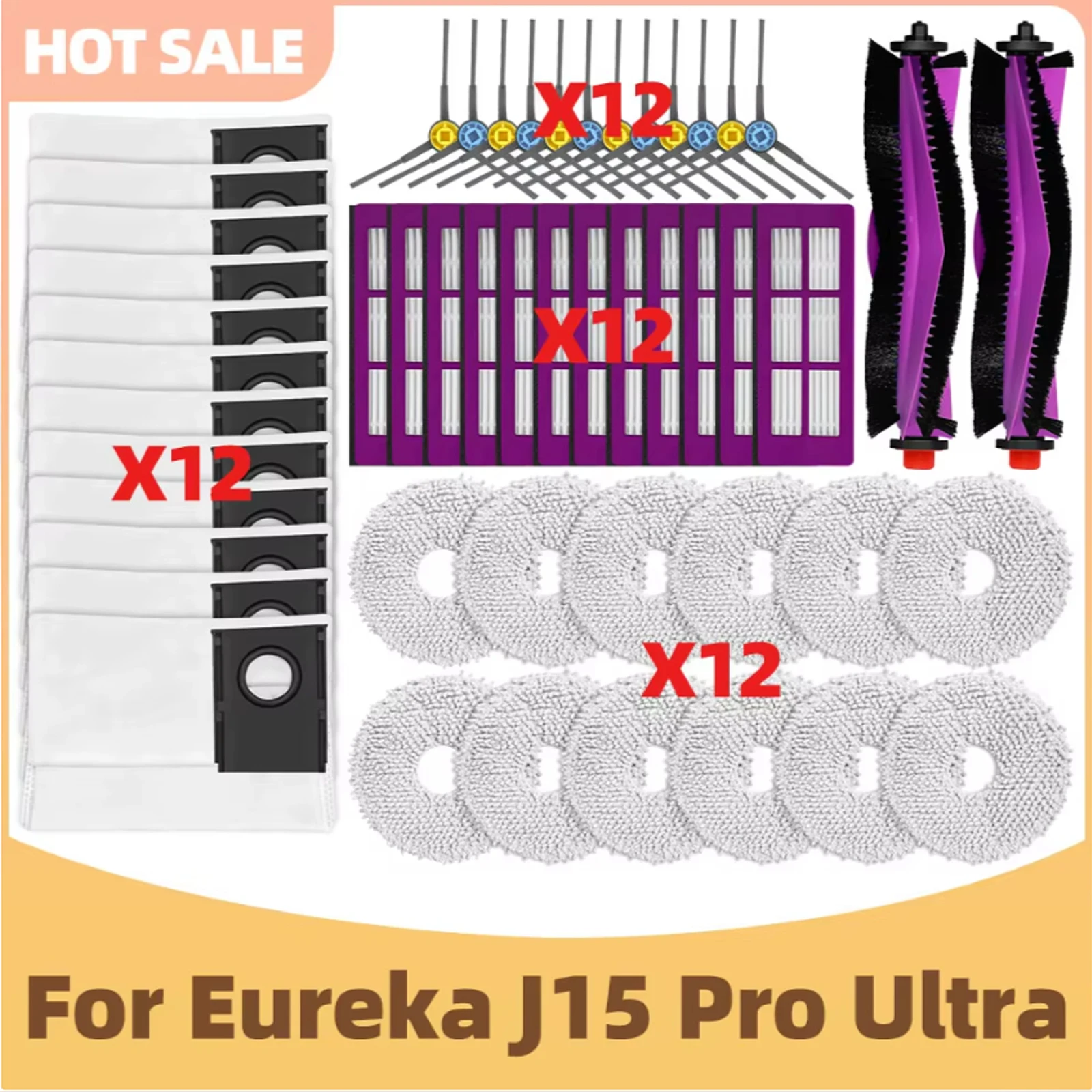 Image of Kompatibel mit Staubsaugerteilen (Eureka J15 Pro Ultra / Eureka J15 Ultra) – Hauptrolle, Seitenbürste, HEPA-Filter, Wischmopp-Tu