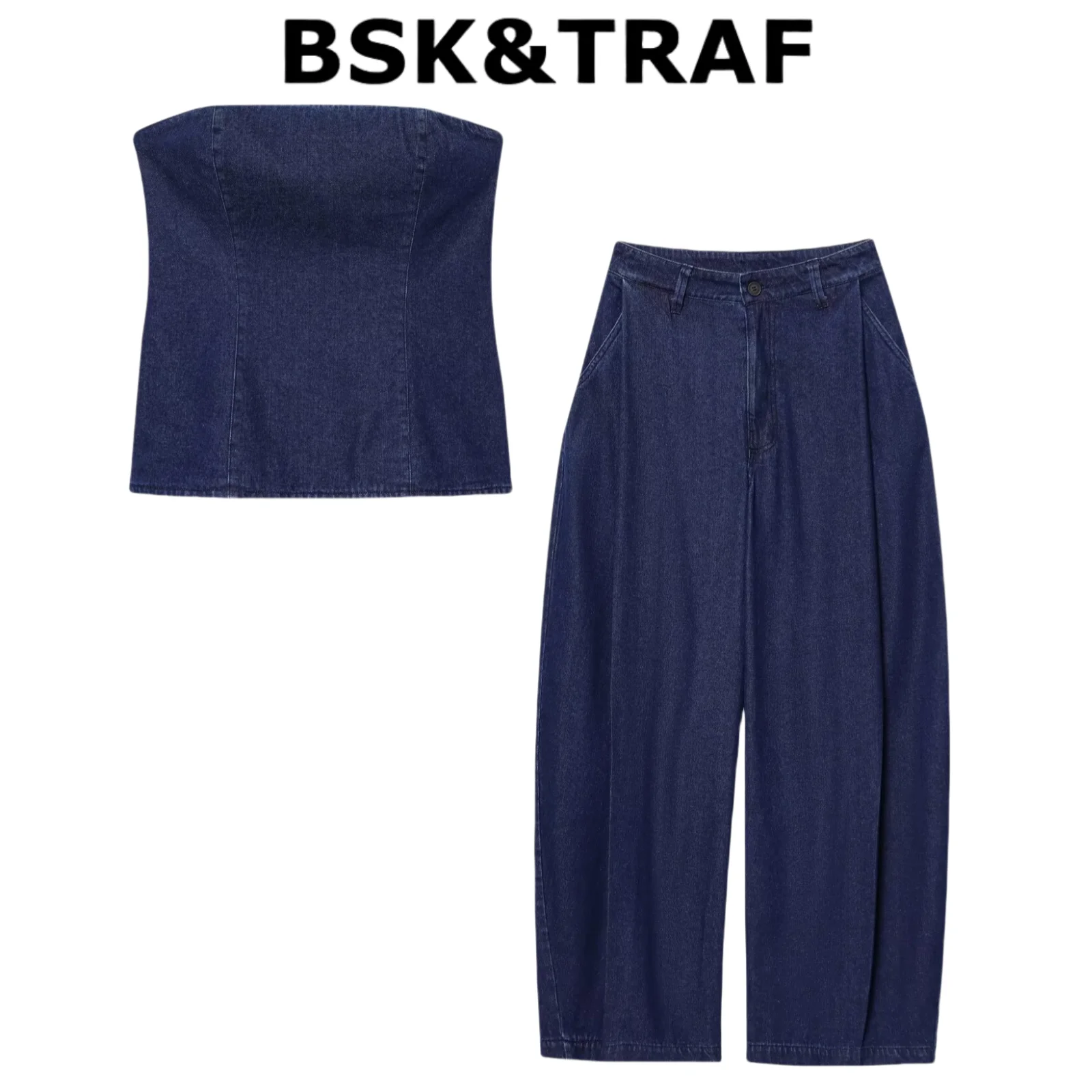 

BSK&TRAF Denim Off-shoulder Straight-neck Chest Wrap Top + Loose, Comfortable and Versatile Casual Denim Pleated Pants Set