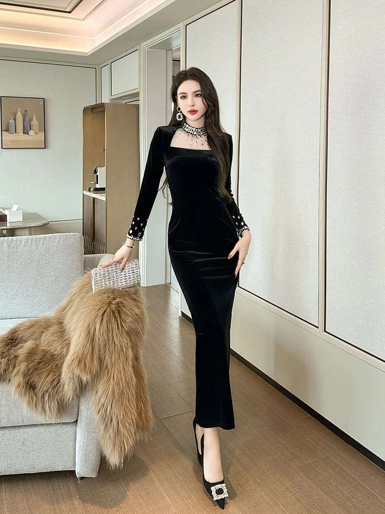 

Bla Velvet Long Dr Women's Heavy Embroidery Bodycon Skirt Split High Waist Autumn Winter New Sle Commute High Quali