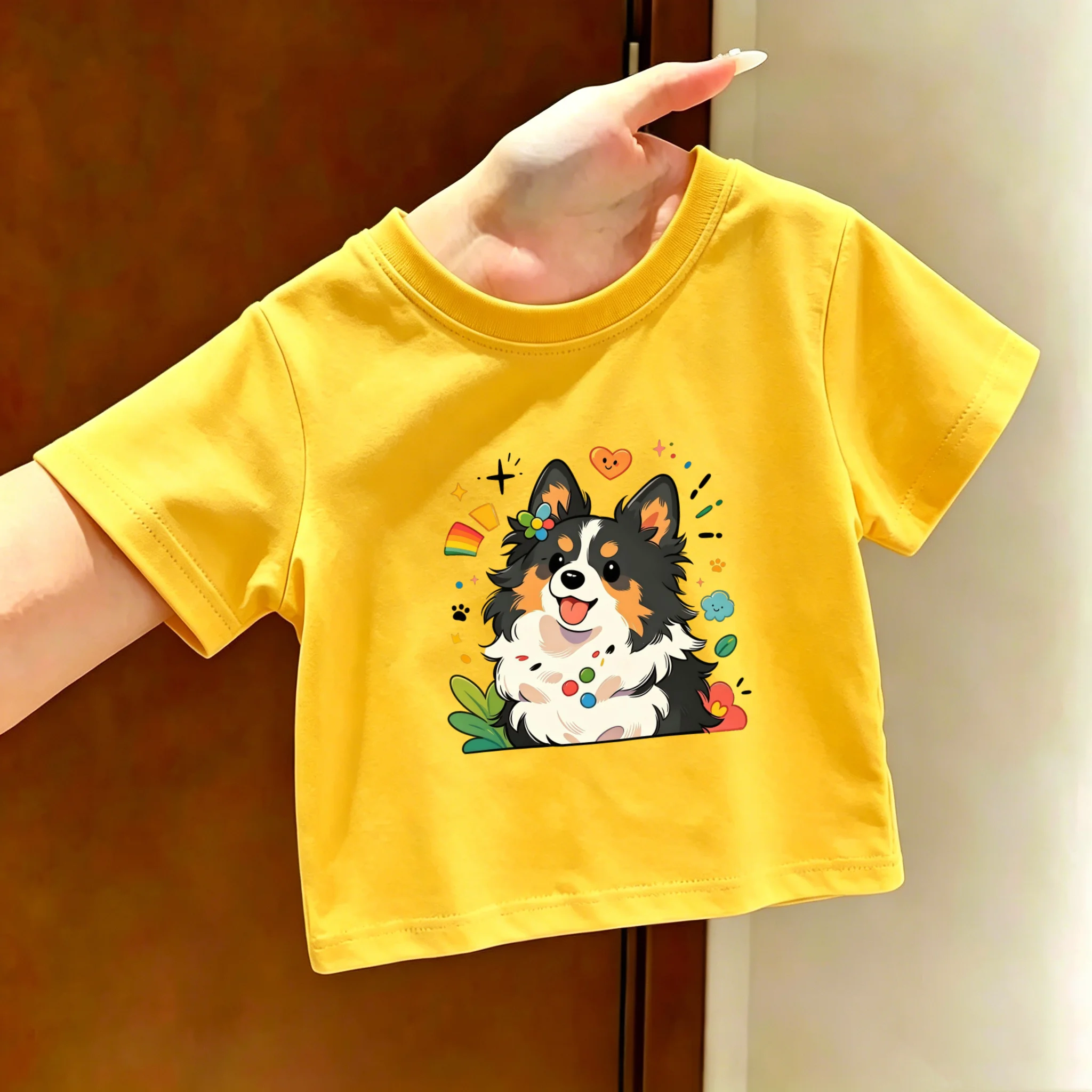Girls' Cartoon Dog Print Short-sleeved Cotton T-shirt for Summer, Cute and Stylish Dress for Middle-sized Girls and Young Girls