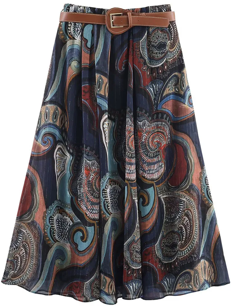 

Women Wrinkle Skirts 2025 Women Summer Autumn Fashion Leisure Printed With Belt Skirts Women Elegant High Waist Party Skirts