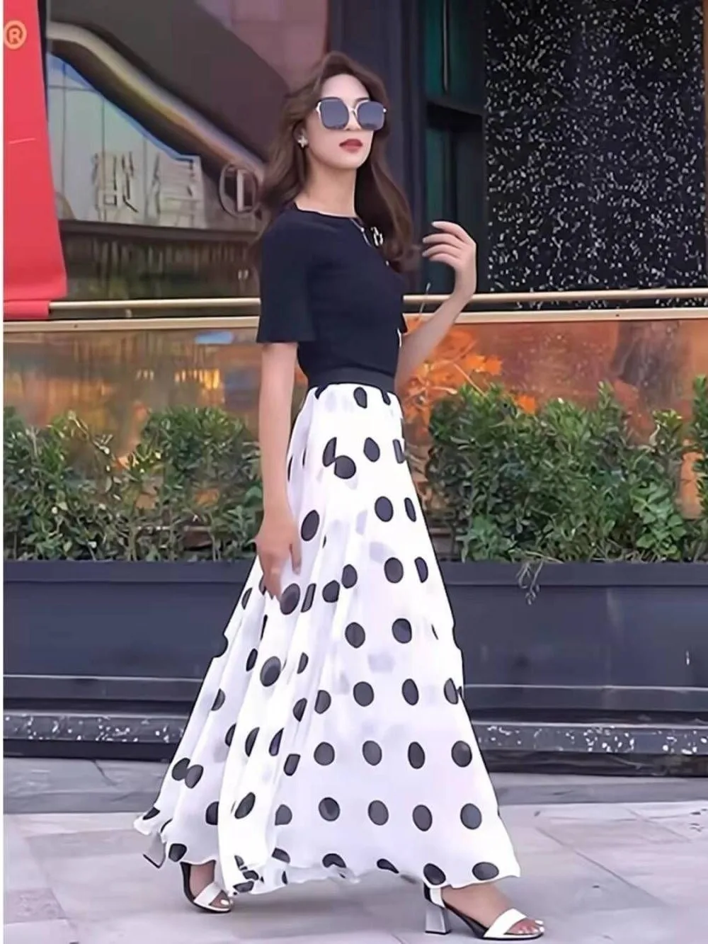 Jupe mi-longue en mousseline de soie pour femmes, longueur au sol, Vaion de plage Dr, grande jupe florale à pois, jupe trapèze pour les déplacements, nouvelle collection été