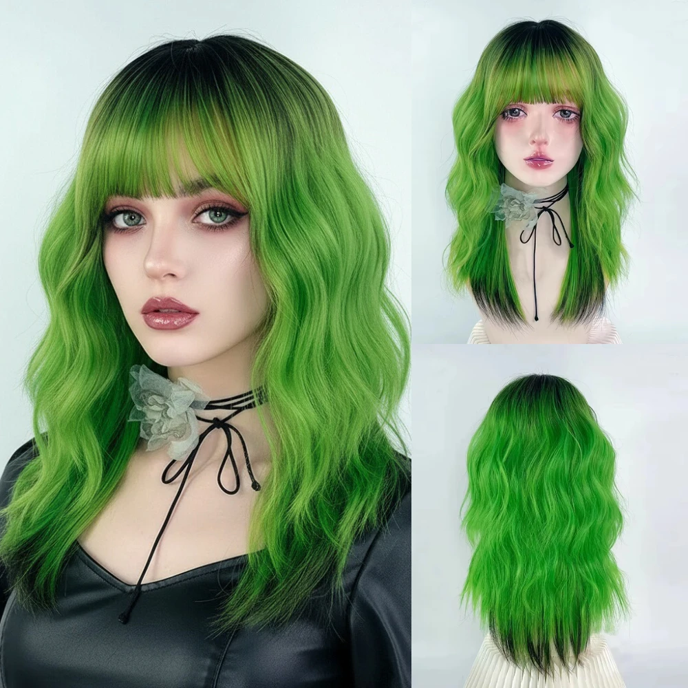

Длинный волнистый женский синтетический парик с омбре, черный, зеленый Y2K, Лолита, косплей, пушистый термостойкий парик с челкой для повседневной вечеринки