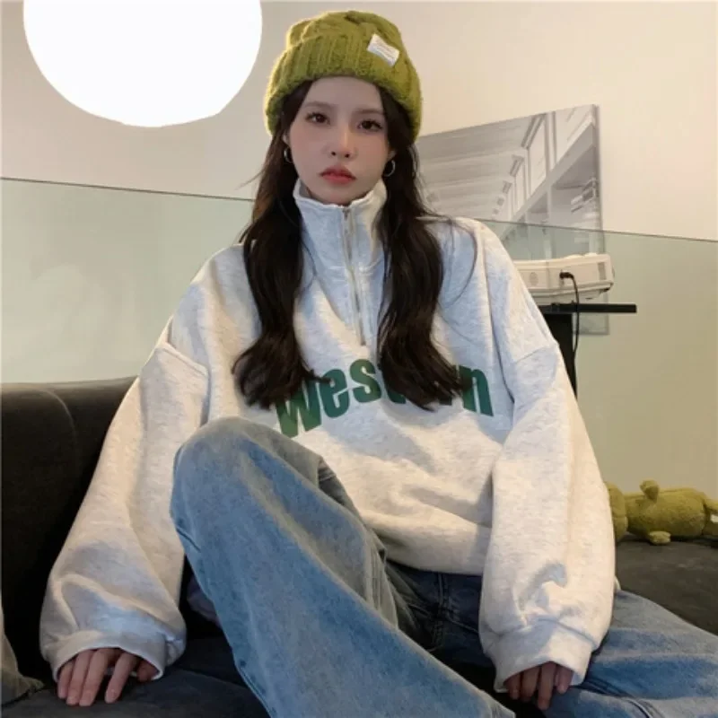Winter Loose Sweatshirt Women Oversize Casual Zipped Stand Collar Pullover Hoodie Fashion Harajuku Streetwear Preppy Street Wear