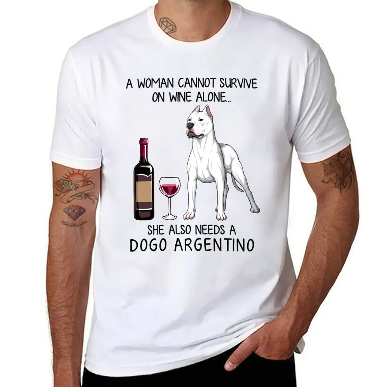 Dogo Argentino perro y vino divertido regalo para perro mamá camiseta gráfica de gran tamaño camisa personalizada de gran tamaño camisetas para hombres de algodón