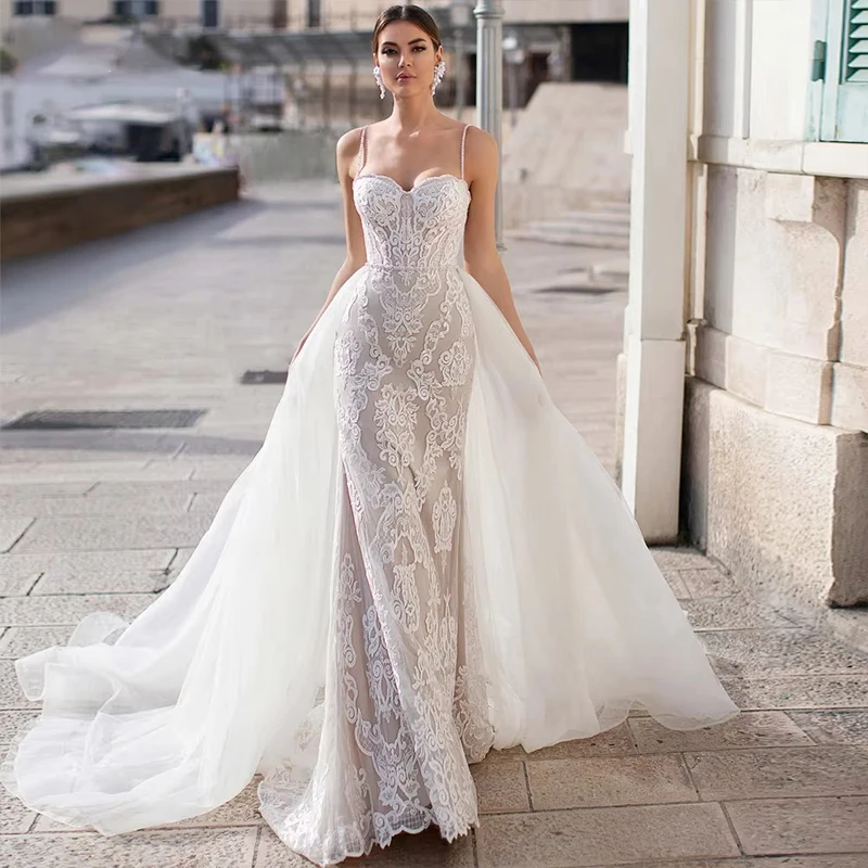 Detachable Train Wedding Dress Organza With Embroidery Mermaid Bride Dress Customized Square Collar Sleeveless Vestido De Novia