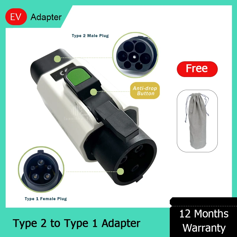 Type2 to Type1 J1772 EV Adapter 32A Single Phase Compatible with Type-2 Charger for Electric Car with Type 1 Charging Socket