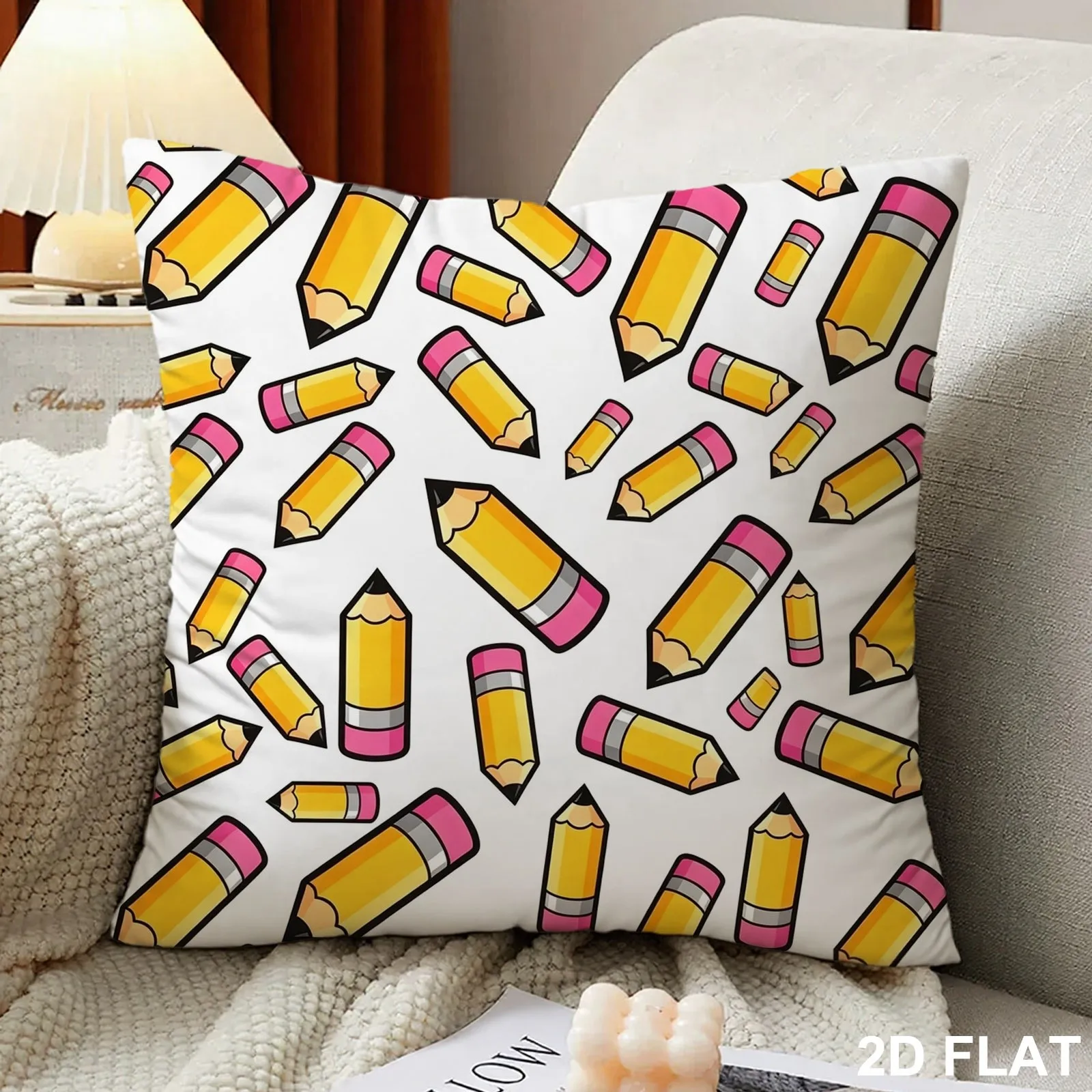 Playful Seamless Yellow Pencil Pattern Throw Pillow Cover, Single-Sided Vibrant Cartoon Design on White Background, Multiple Specifications Available, Cozy Home Decor Accessory for Sofa, Couch & Bedroom Daily Use