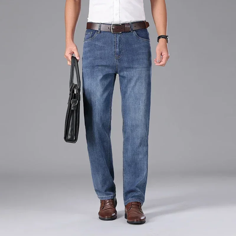 2026 Summer Brand Clothing Men's Straight Loose Lightweight Jeans Classic Badge Business Casual Thin Cotton Stretch Pants