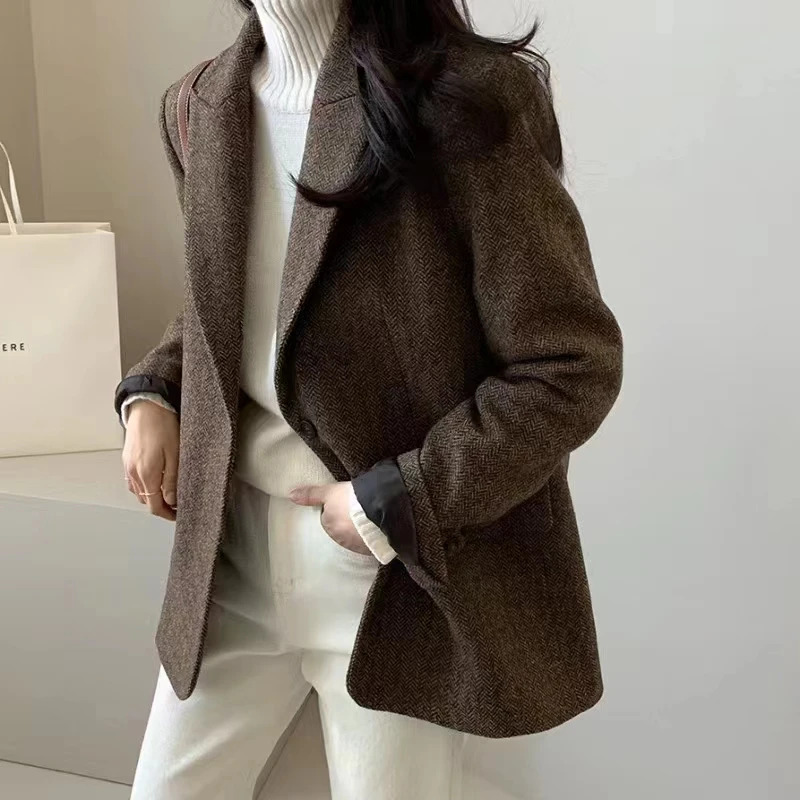 [EWQ] Office Lady Casual Woolen Blazer Coats All-match Single Breasted Outwear Women Winter Clothing 2024 Autumn New 16O1299