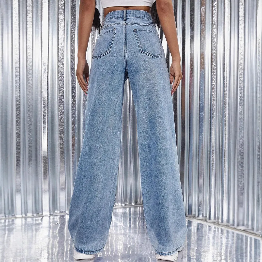 Denim Straight Pants Women Pearls Spliced Jeans High Waist Washed Basics Ankle Length Trousers Streetwear Pant Solid Autumn