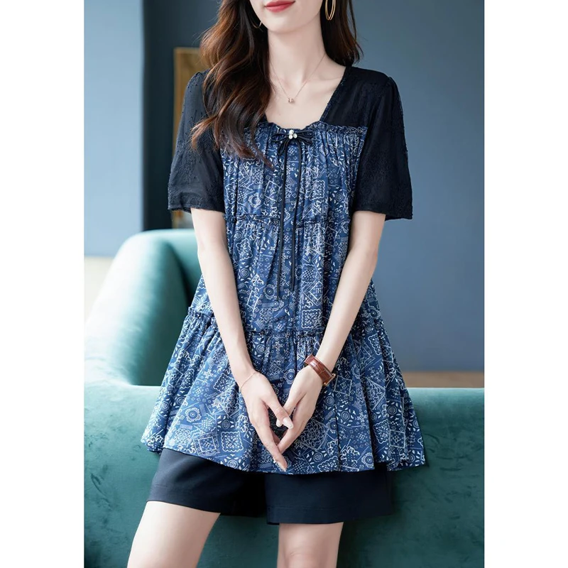 Women\'s Clothing 2024 Summer Fashion Print Lace Patchwork Bow Blouse Casual Square Collar Loose Tunic Tops Short Sleeve Blusas