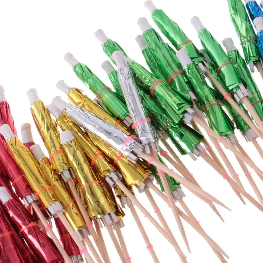 Metallic Umbrella Picks Cocktail Parasol Food Sticks Disposable Party Tableware for Pool Luau Celebration