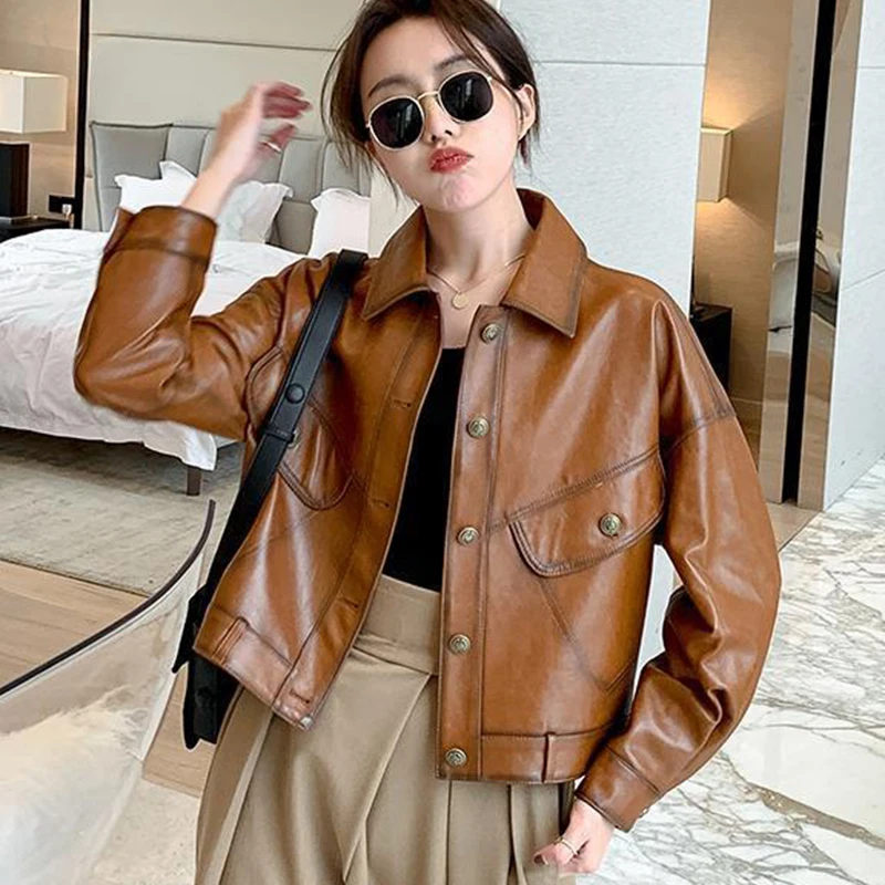 Autumn Winter Thicken Warm Vintage Leather Coat 2023 Women\'s Sheepskin Genuine Leather Coat Turn-down Collar Button Pocket Coat