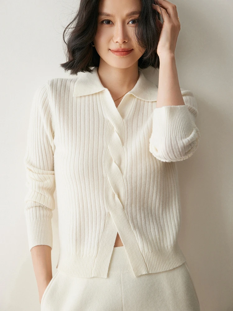 

Women's Polo Collar Autumn Winter Cashmere Sweater Twist Flower Slim Pullover Striped 100% Cashmere Knitwear Office Lady Clothes