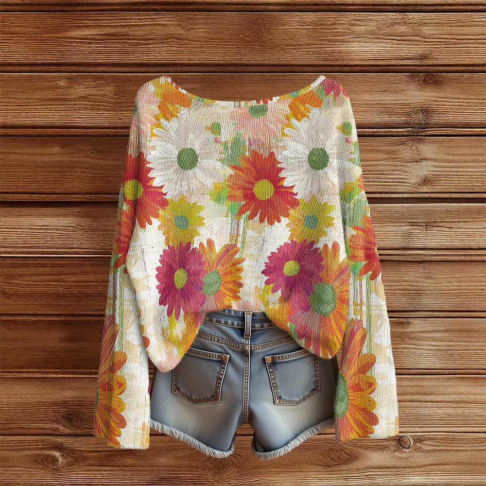 

Casual Knitted floral sweaters for women Crewneck Pullover Long Sleeve Loose Sweater Fashion Streetwar Jumper Tops