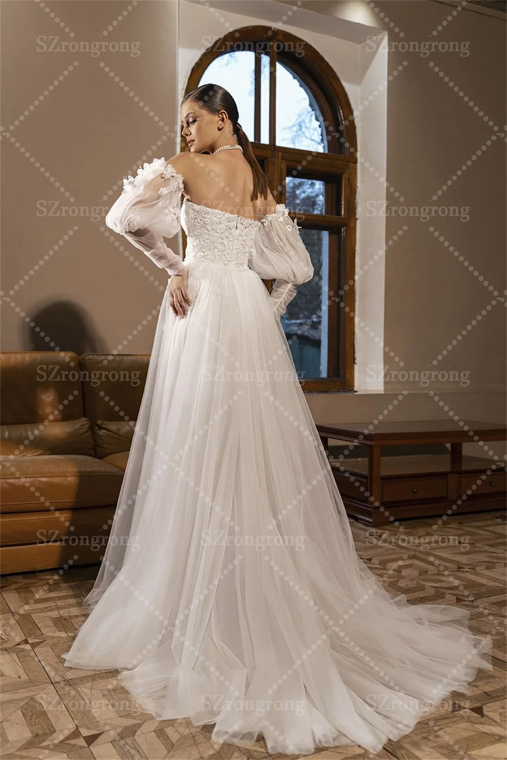 Vestido de novia bohemio con apliques de tubo de dos piezas, vestido de fiesta nupcial con cola desmontable de encaje y manga abombada, hecho a medida