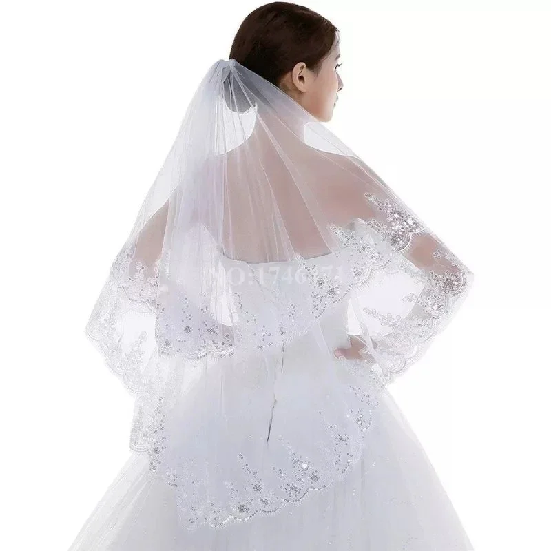 2 Tier Wedding Veil with Comb Scalloped Lace Trim Glitter Sequins Women Bridal Party Hair Accessories