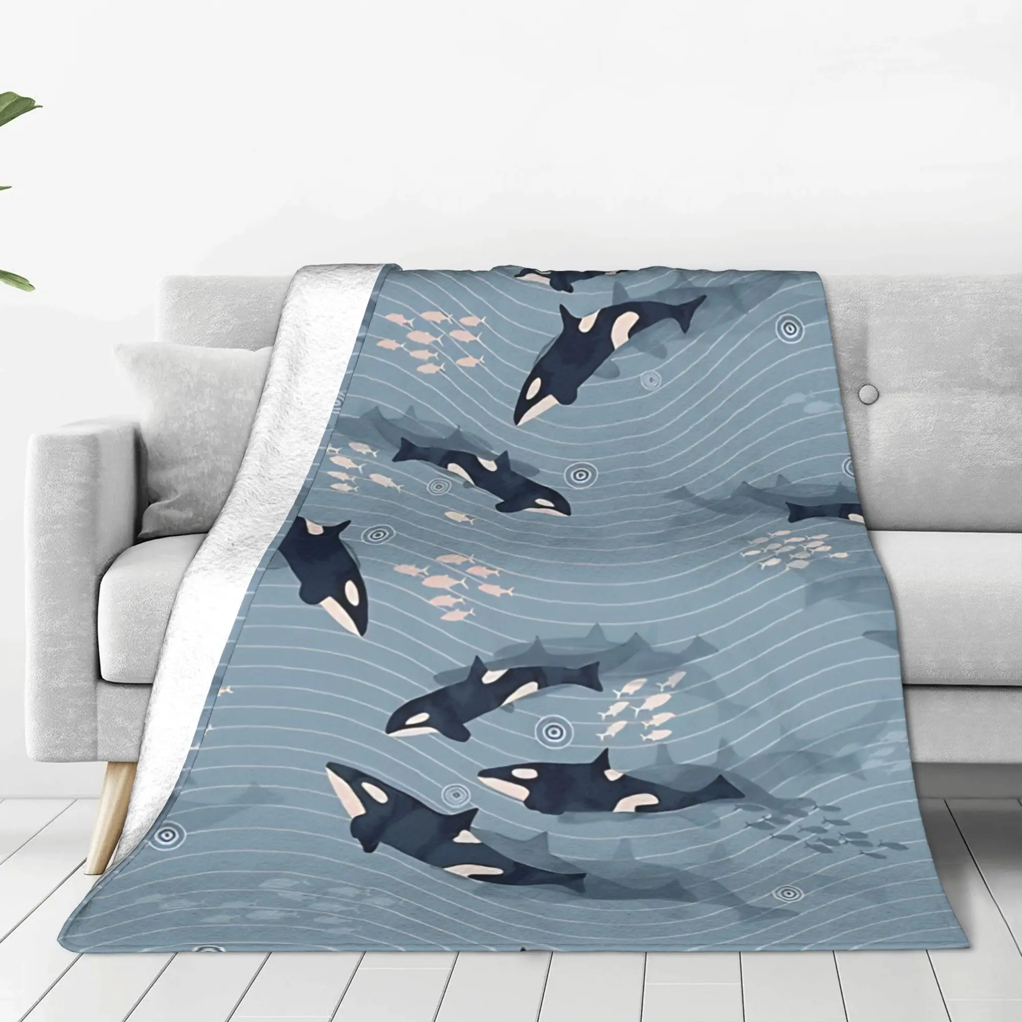 1PC Orca in Motion  blue gray ocean Pink Whales Home Room Decorations Winter Blankets For Adults Bedding Home Interior Sofa Knee