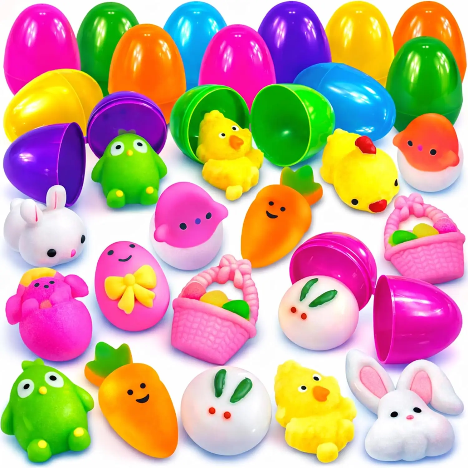 

36 Pack Colorful Prefilled Easter Eggs with Mochi Squishy Toys for Basket Stuffers, Gifts, and Party Decorations