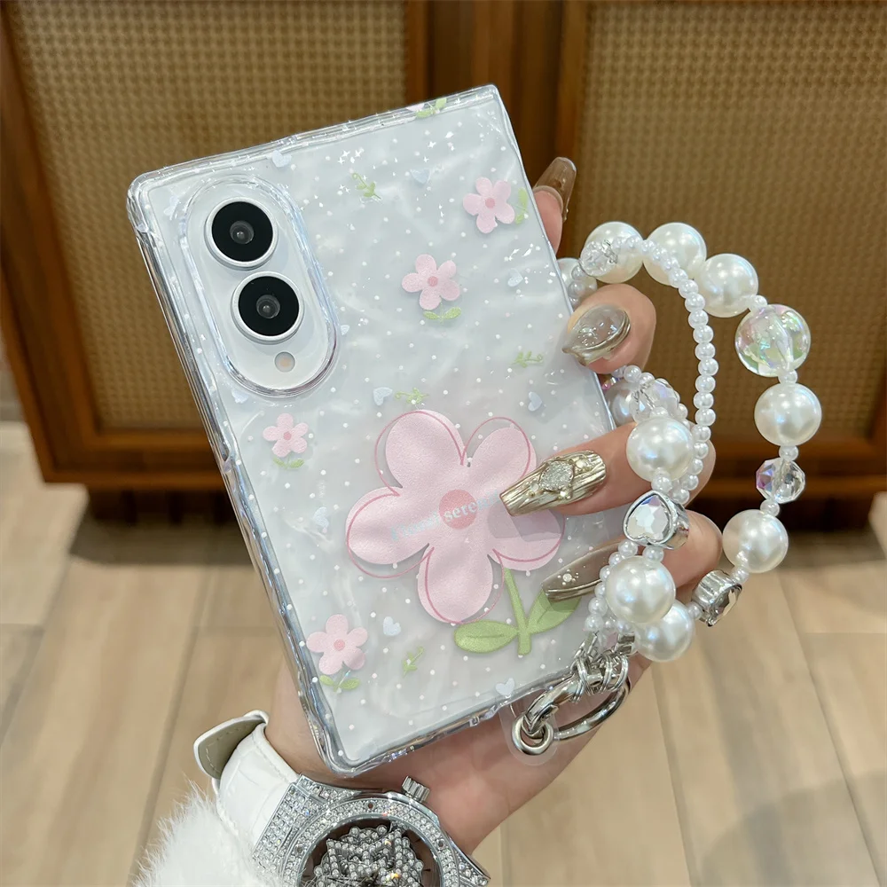 Cute Pink Flower Shell Texture Pearl Bead Hand Strap Phone Case For Samsung Galaxy Z Fold 8 Ultra Z Fold 7 6 Shockproof Cover