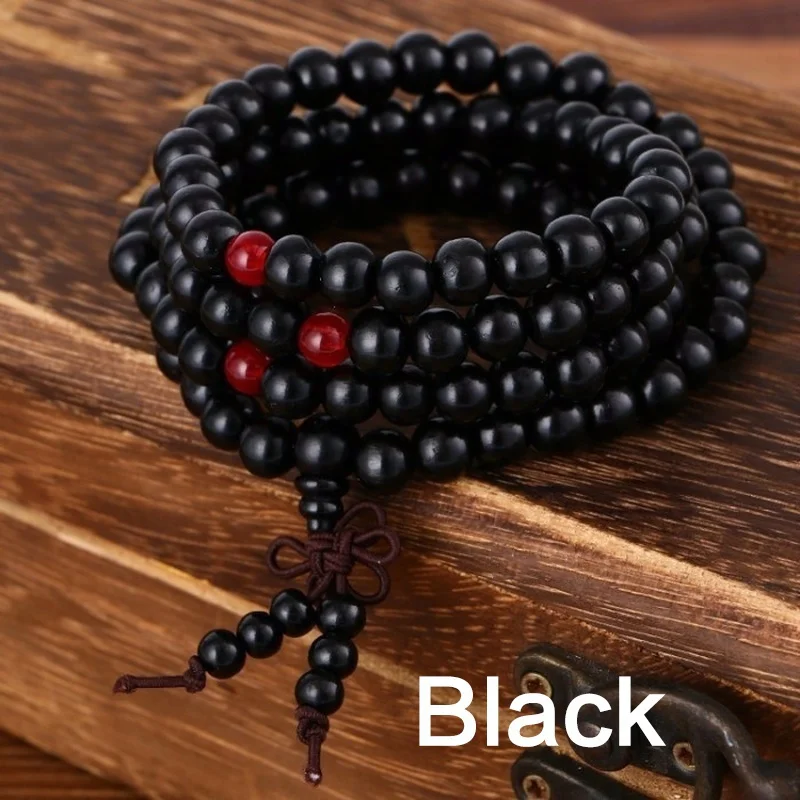 108 Beads 8mm Natural Sandalwood Buddhist Buddha Wood Prayer Beaded Knot Stonego black ebony Unisex Men Bracelets